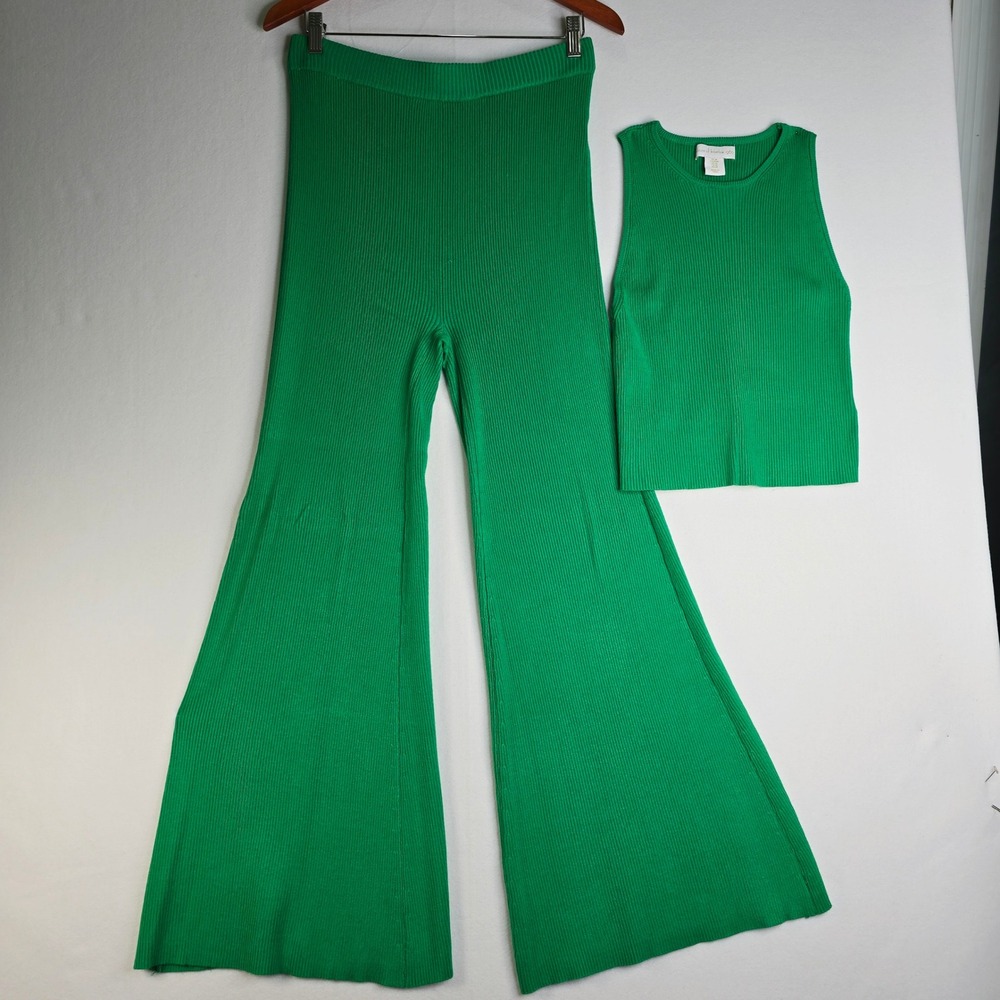 House of Harlow 1960 Green Ribbed Knit 2 Piece Set Tank and Wide Leg Pants M